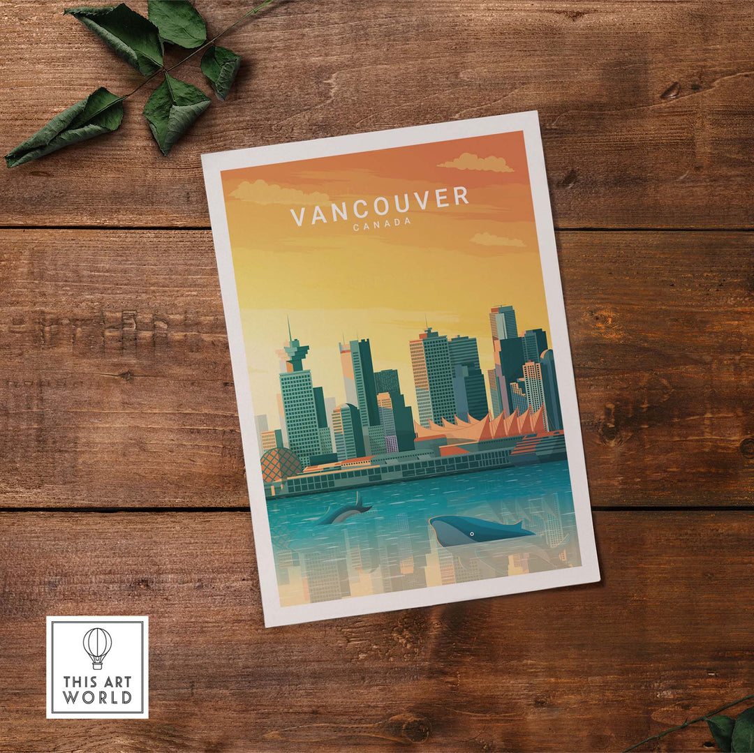 Vancouver Canada travel poster print featuring skyline and whales in the bay, showcasing Canada's stunning coastal beauty.