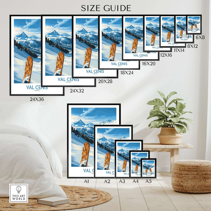 Val Cenis ski poster size guide showcasing various frame sizes and mountain designs for ski enthusiasts.