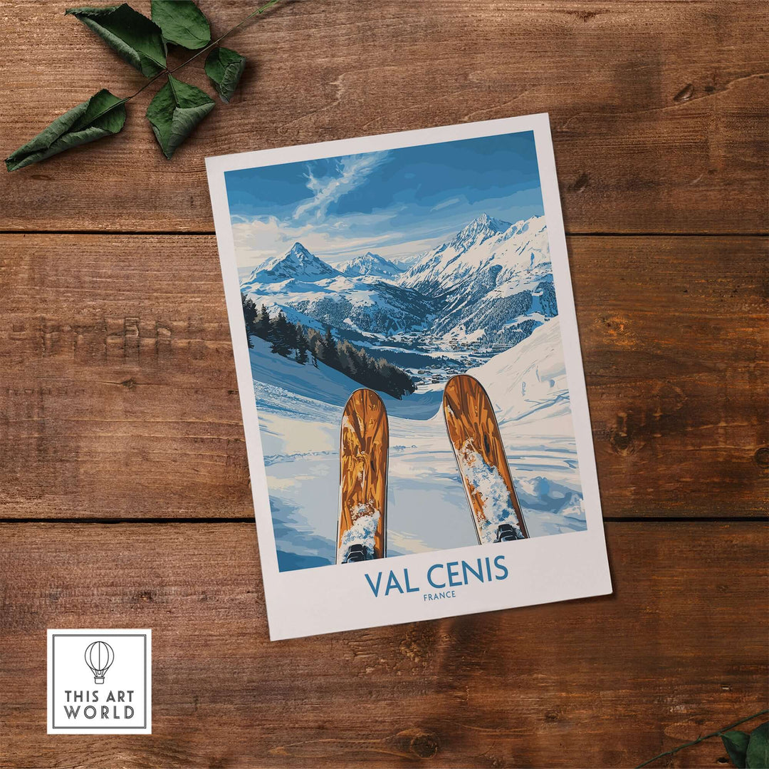 Val Cenis ski poster showcasing mountain views and skis on a snowy slope, perfect for ski enthusiasts.