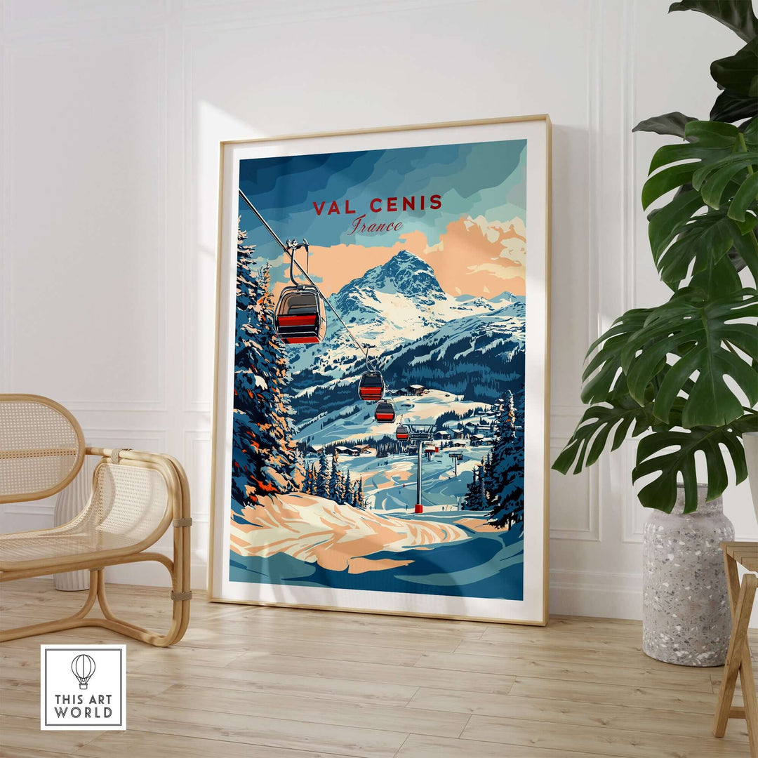 Val Cenis ski print featuring scenic winter landscape with mountains and ski lift in a cozy interior setting.