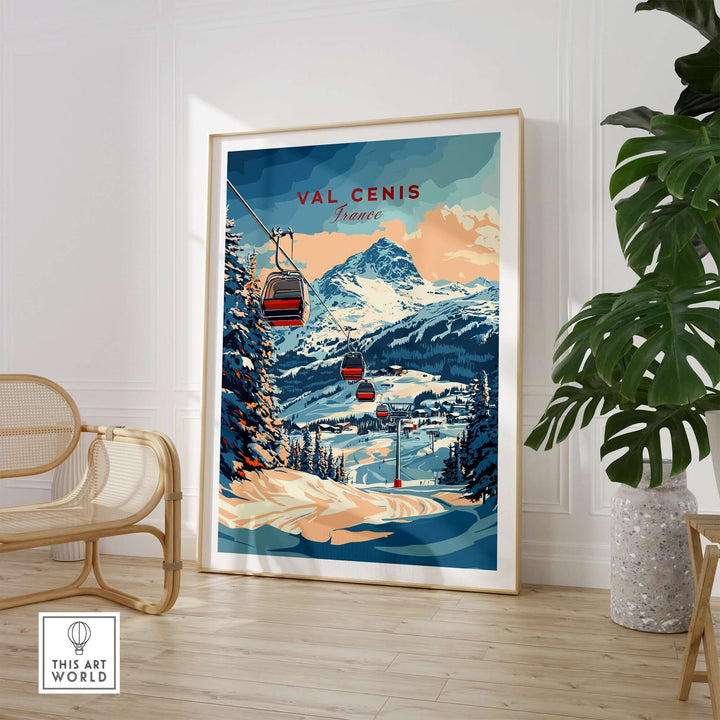 Val Cenis ski print featuring scenic winter landscape with mountains and ski lift in a cozy interior setting.