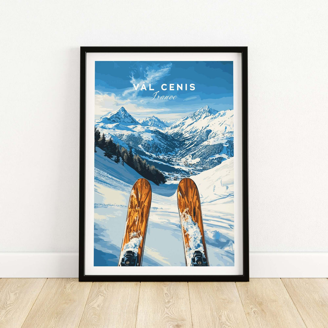 Val Cenis ski wall art poster showcasing vibrant ski slopes and mountain views, perfect for winter decor.