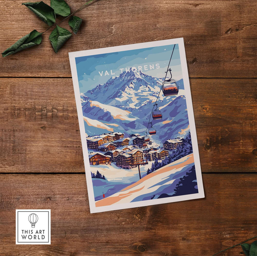Val Thorens ski poster featuring an iconic chairlift and snow-covered mountains in the French Alps.