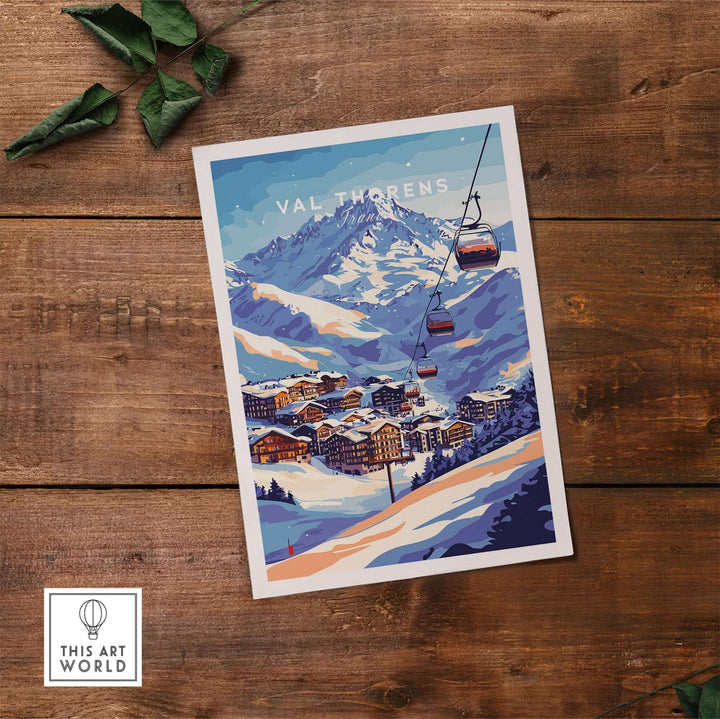 Val Thorens ski poster featuring an iconic chairlift and snow-covered mountains in the French Alps.