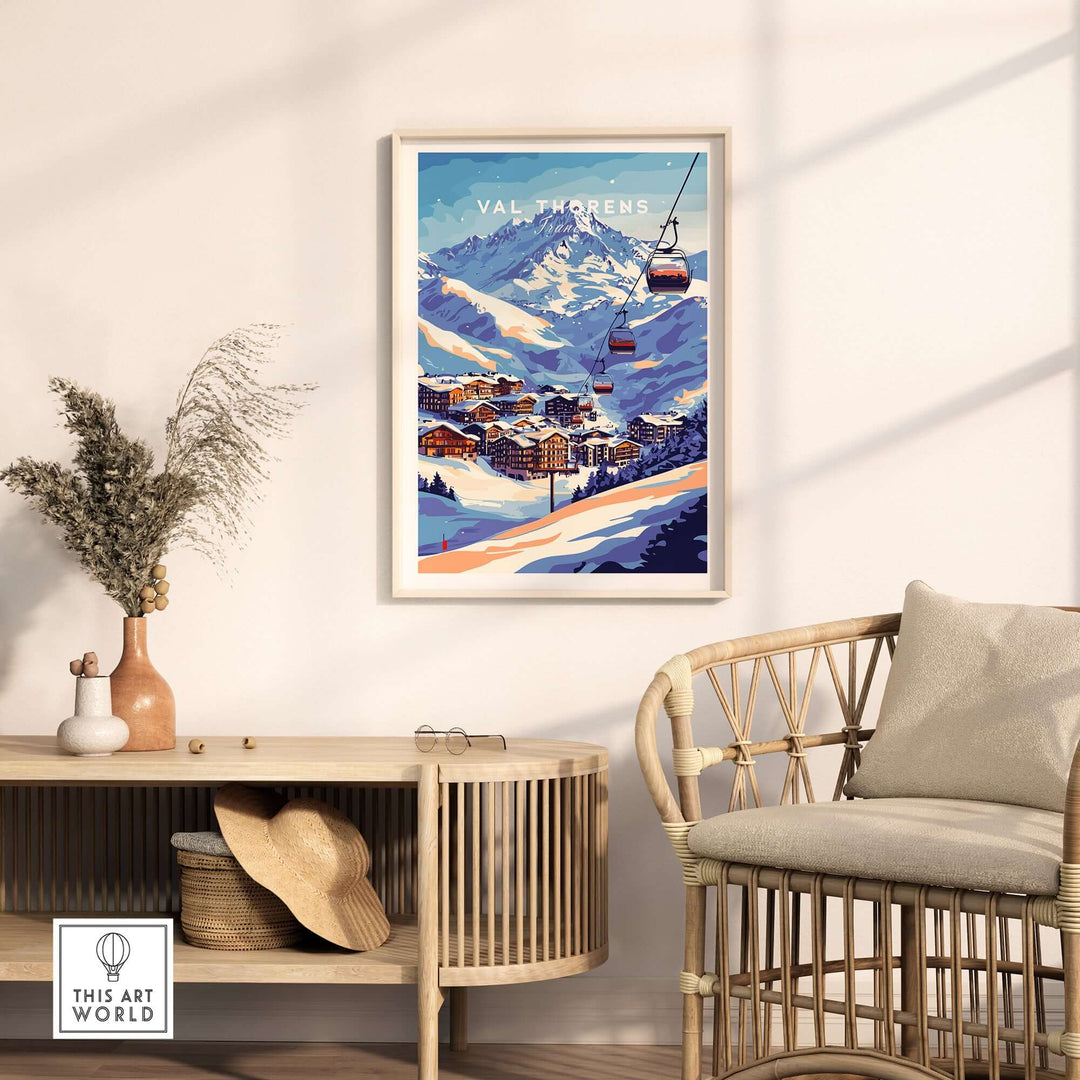 Val Thorens ski poster with iconic chairlift in winter scene, showcasing French Alps beauty for wall decor.