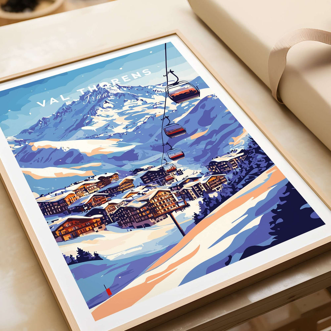 Val Thorens ski poster featuring an iconic chairlift among snow-covered mountains and cozy alpine chalets.
