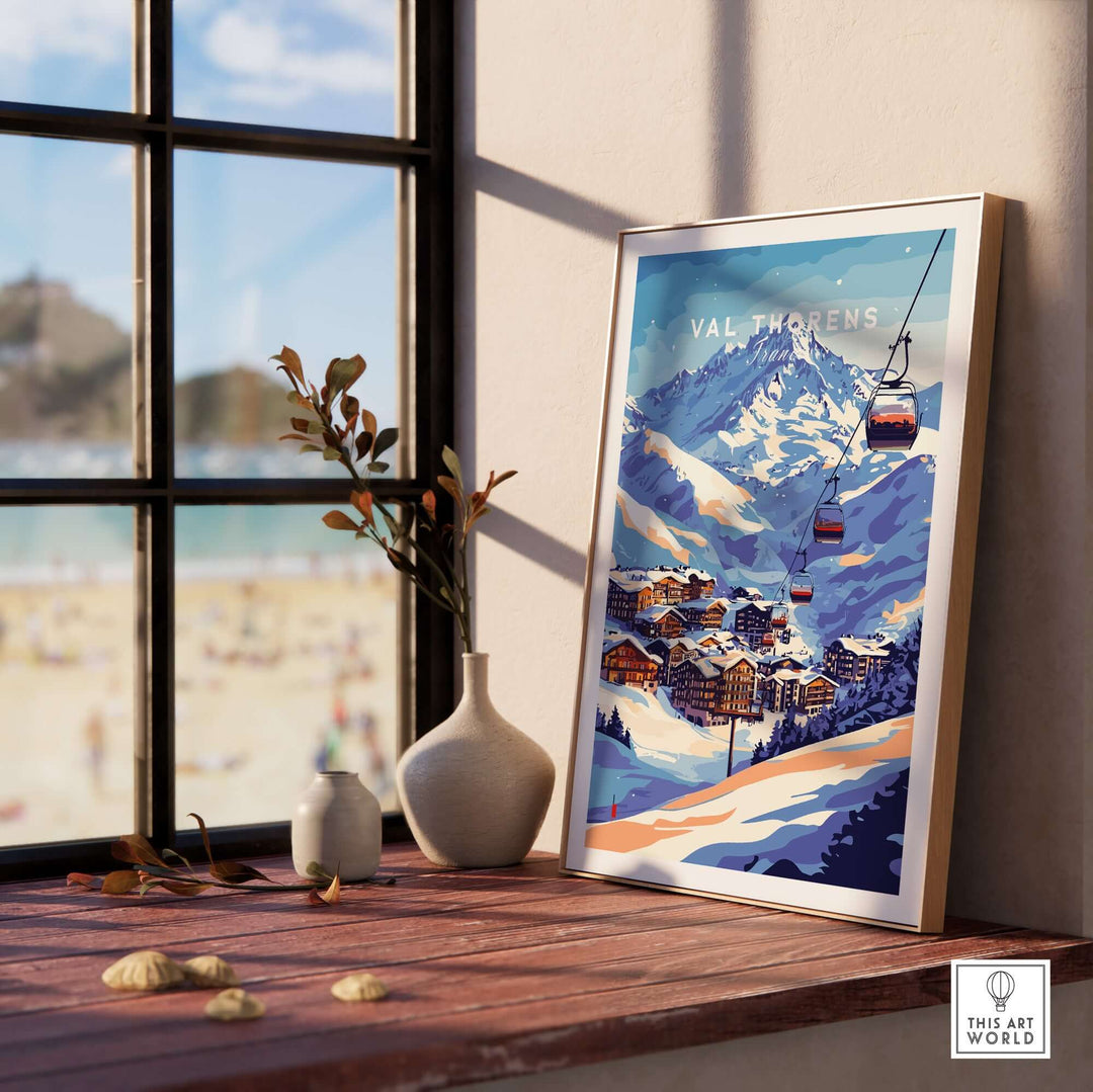 Val Thorens ski poster featuring iconic chairlift and snow-covered mountains, perfect for winter decor.