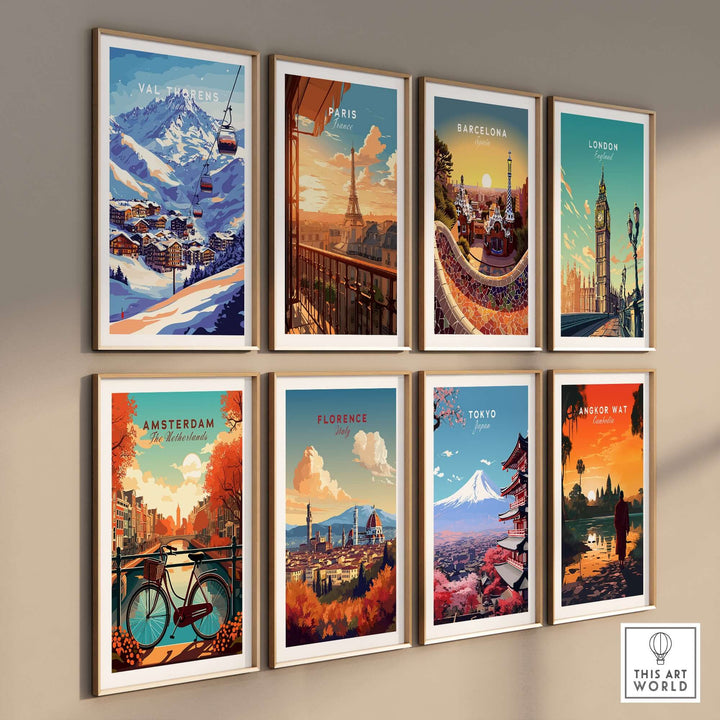 Gallery of vintage travel posters featuring Val Thorens, Paris, Barcelona, London, Amsterdam, Florence, Tokyo, and Angkor Wat.
