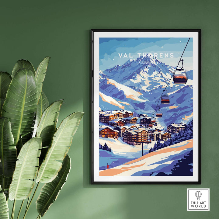 Val Thorens ski poster featuring iconic chairlift and snow-covered mountains in the French Alps.