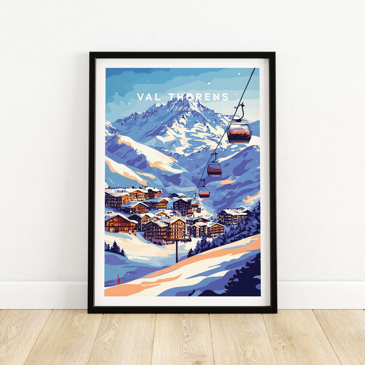 Val Thorens ski poster featuring iconic chairlift and snow-covered mountains in the French Alps.