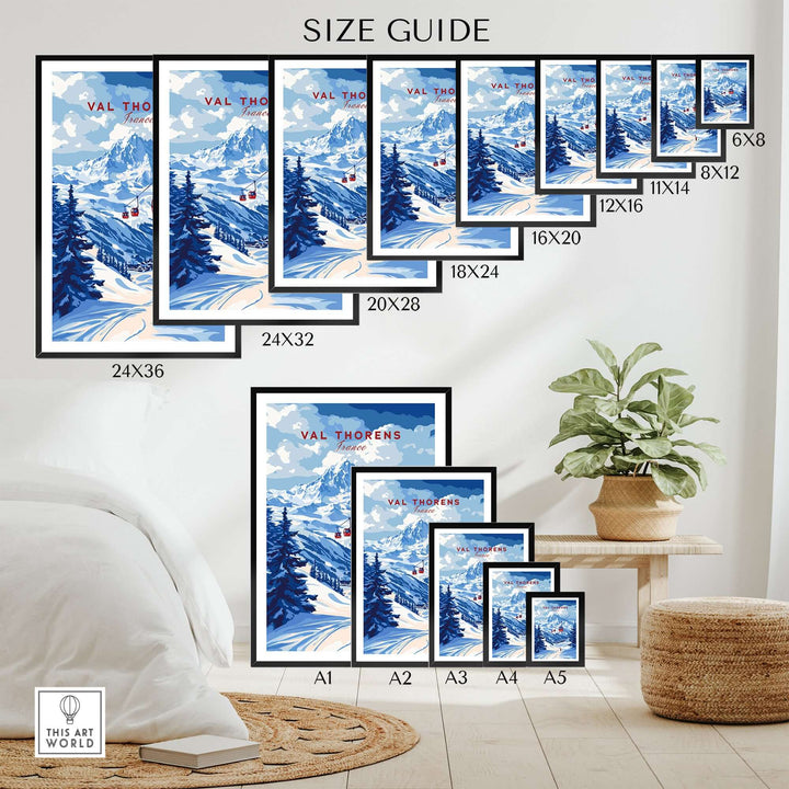 Val Thorens ski poster size guide showcasing various frame sizes and winter sports art prints for home decor.