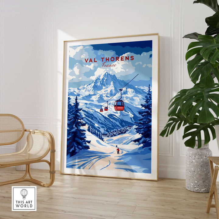 Val Thorens winter sports poster featuring ski slopes and mountains in France, perfect for home decor.