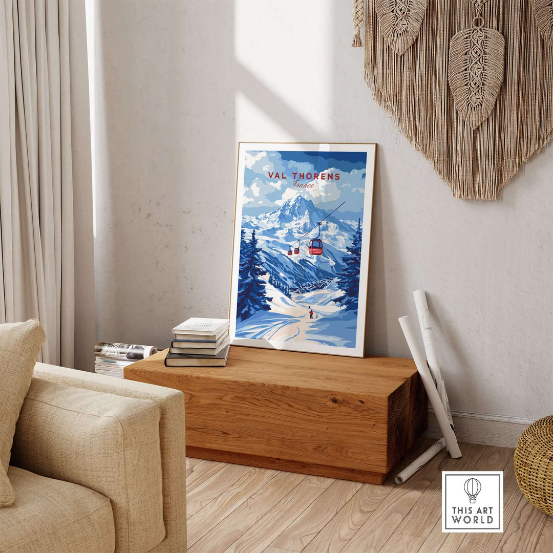 Val Thorens ski art print featuring majestic snow-covered mountains and a ski lift, perfect for winter sports decor.
