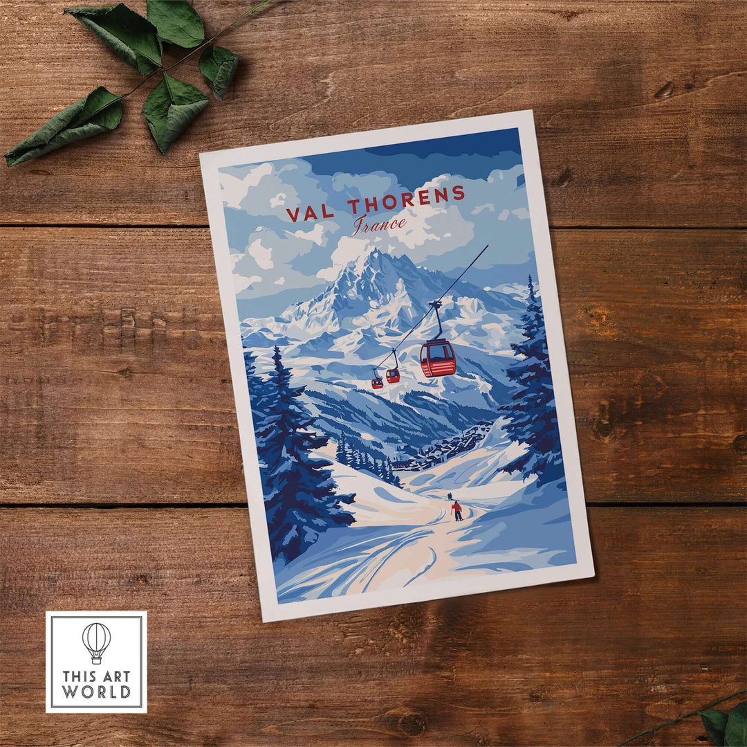 Val Thorens ski art print showcasing winter sports scene in the French Alps with mountains and ski lifts.