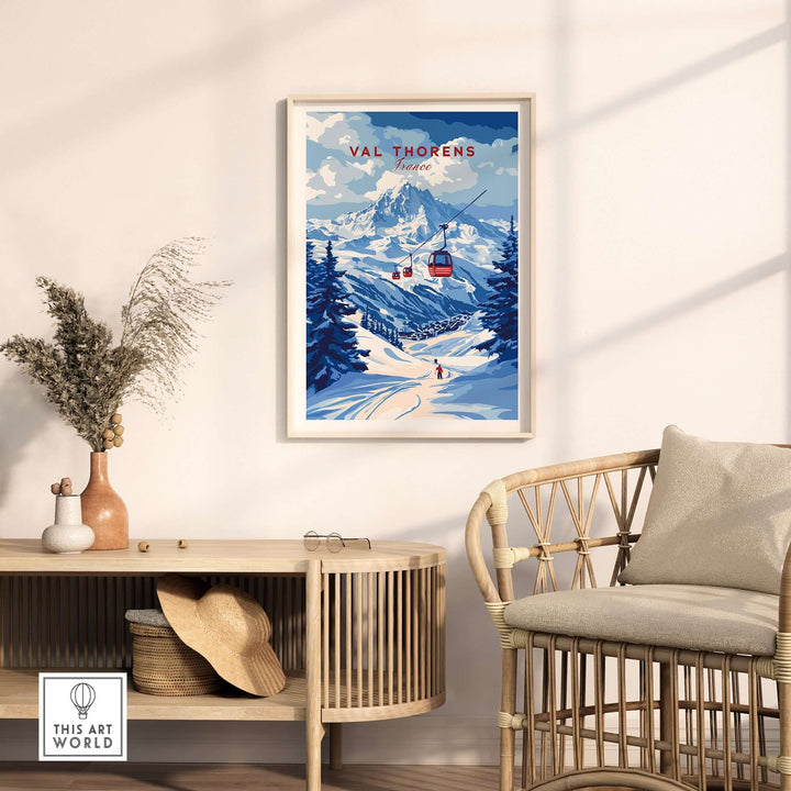Val Thorens ski art print displayed in a cozy living room, showcasing winter sports and French Alps scenery.