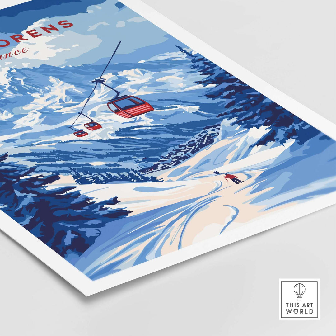 Val Thorens ski art print featuring snowy slopes and gondolas in the French Alps, perfect for winter sports enthusiasts.
