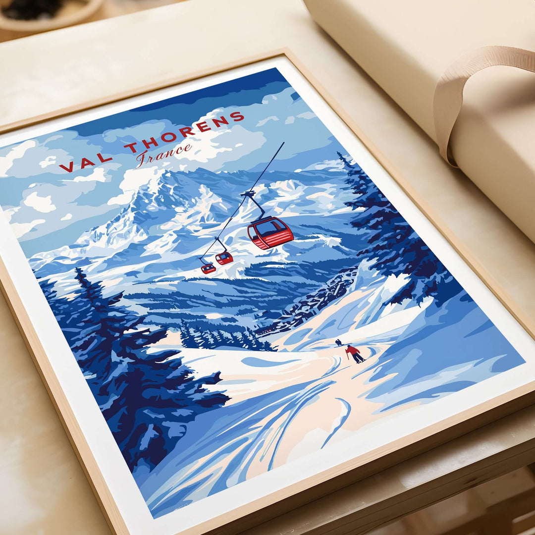 Val Thorens poster featuring winter sports scene in the French Alps with ski gondola and snowy slopes.