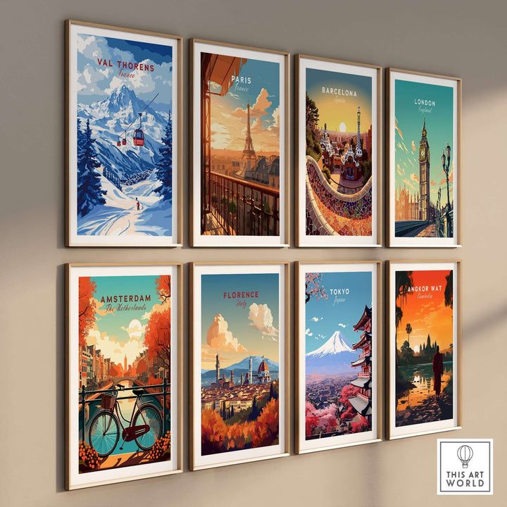 Gallery of colorful city art prints including Val Thorens, Paris, Barcelona, and more on a wall.