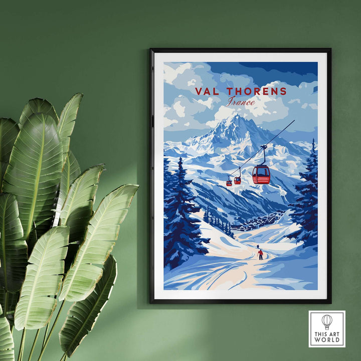Val Thorens winter sports poster featuring majestic snowy mountains and ski lift in the French Alps.