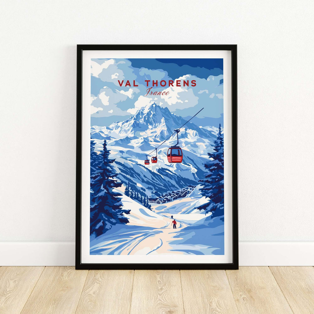 Val Thorens ski art print showcasing winter sports scene in the French Alps with gondolas and scenic mountains.
