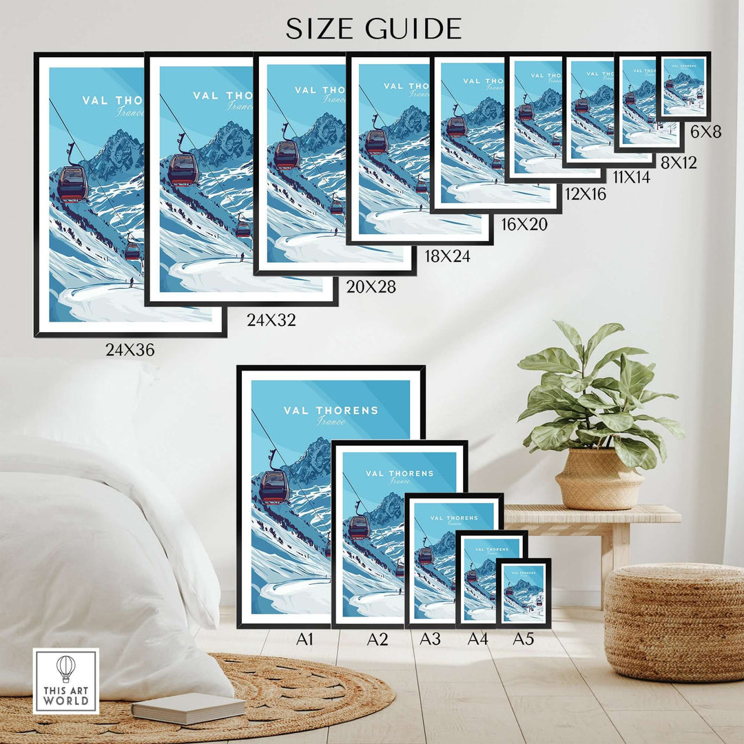Val Thorens ski art print size guide displayed in a stylish room with a plant, showcasing various frame sizes.
