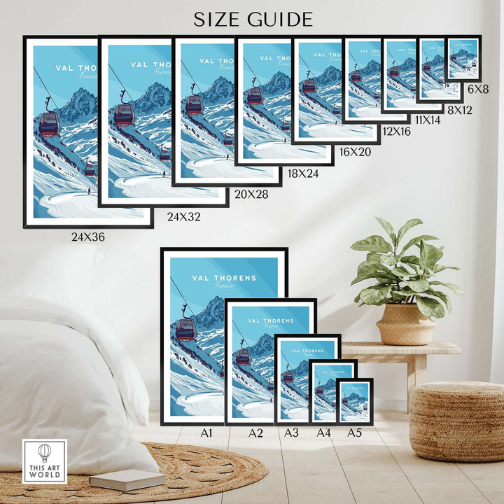 Val Thorens ski art print size guide displayed in a stylish room with a plant, showcasing various frame sizes.