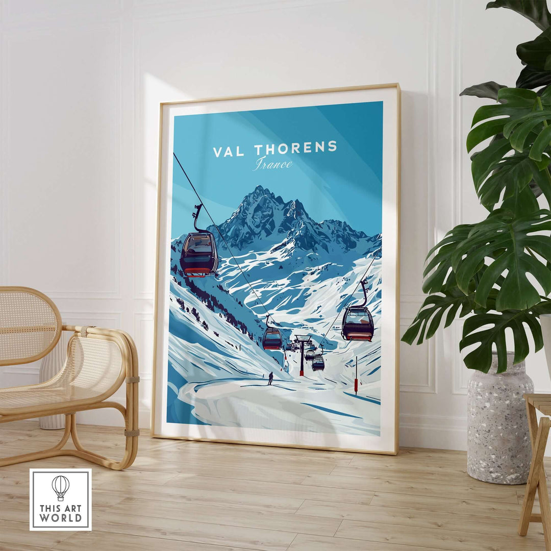 Val Thorens ski art print featuring gondolas and snowy mountain slopes in the French Alps, perfect for winter sports enthusiasts.