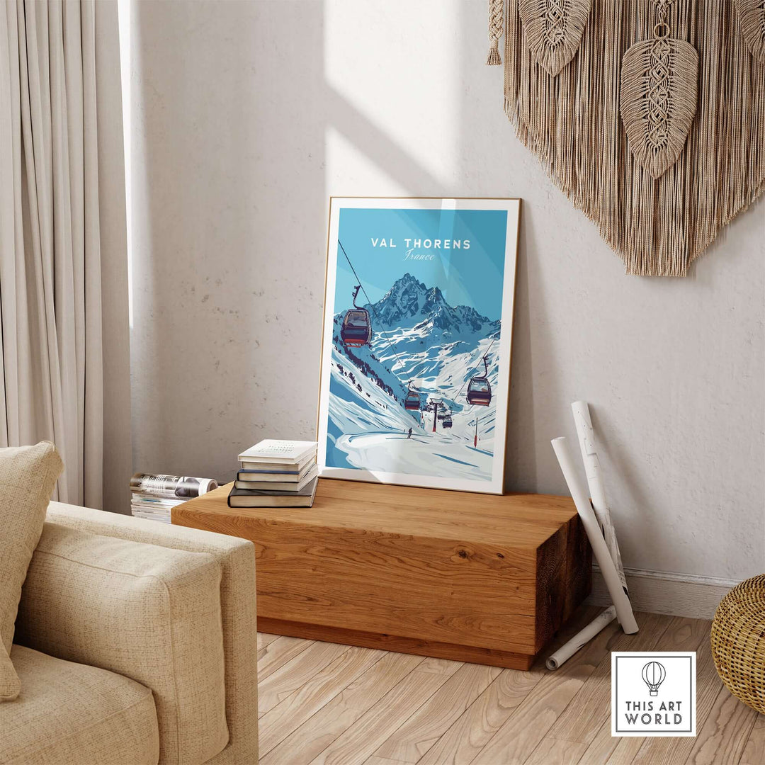 Val Thorens ski art print showcasing winter slopes and mountains in a cozy home setting.