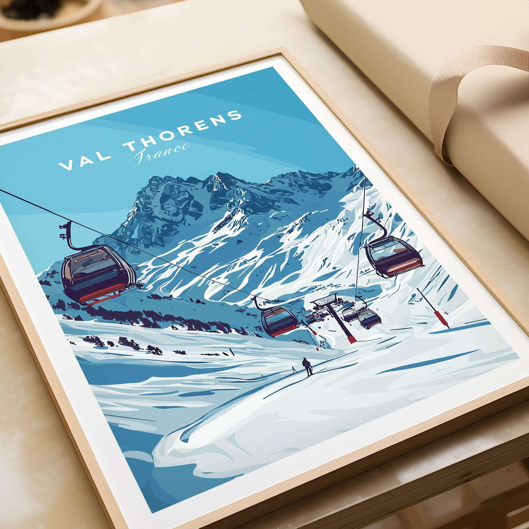 Val Thorens ski art print showcasing gondolas and snowy mountains of the French Alps, perfect for winter sports enthusiasts.