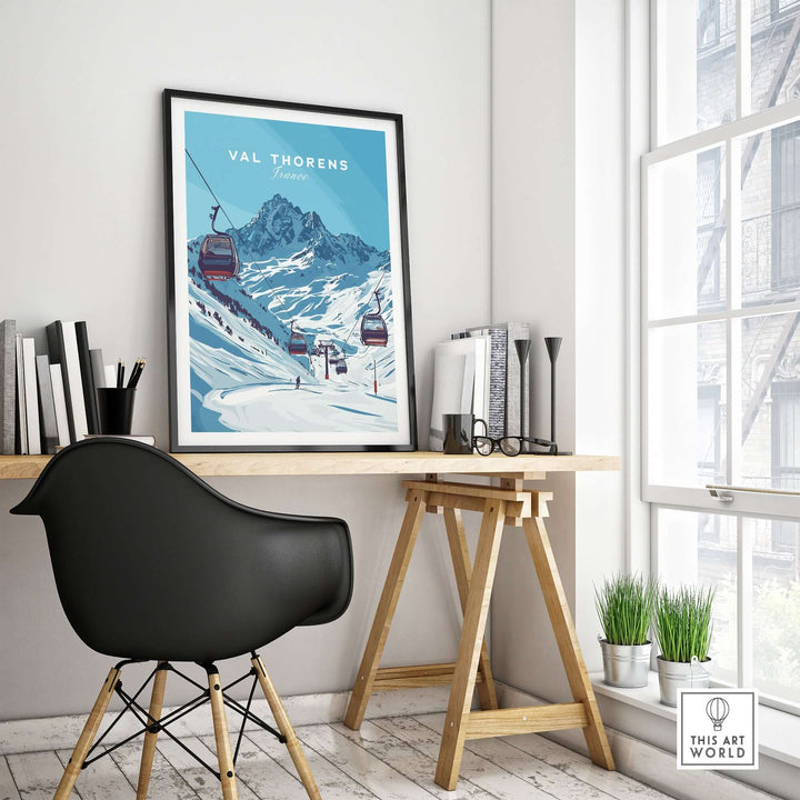 Val Thorens ski art print displayed in a modern home office, showcasing winter sports in the French Alps.
