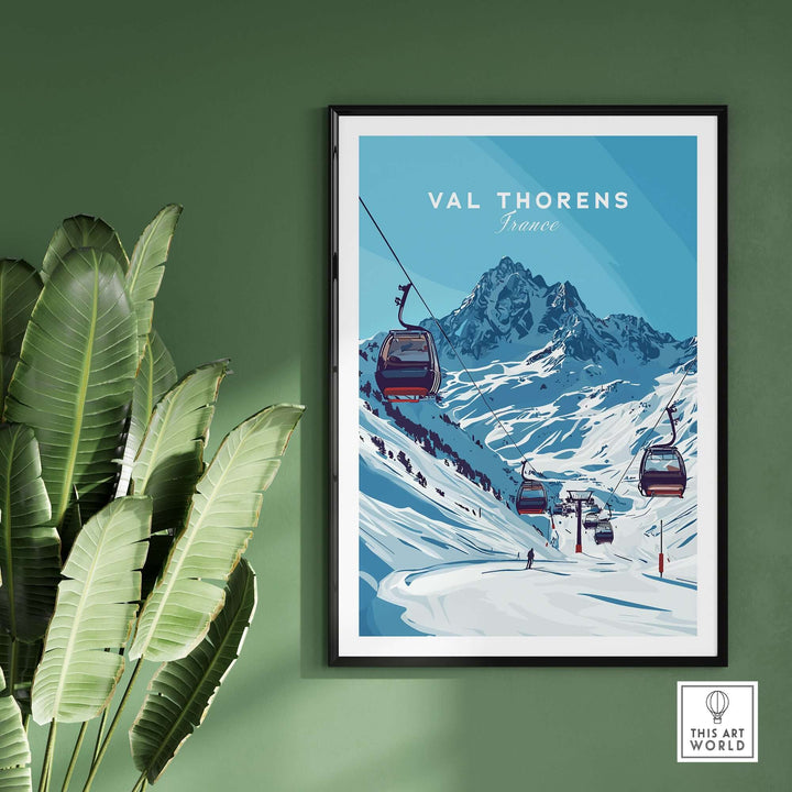 Val Thorens ski art print showcasing cable cars and mountains in the French Alps, perfect for winter sports enthusiasts.