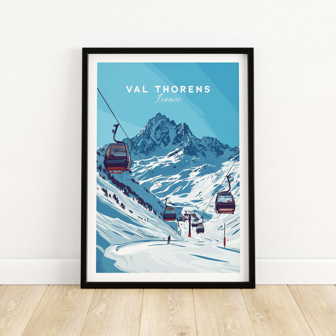 Val Thorens ski art print featuring gondolas against majestic snowy mountains in the French Alps.