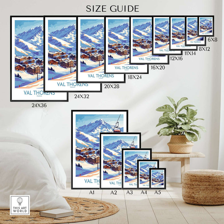 Val Thorens Winter Sports Print size guide showcasing various frame dimensions for wall art decor.