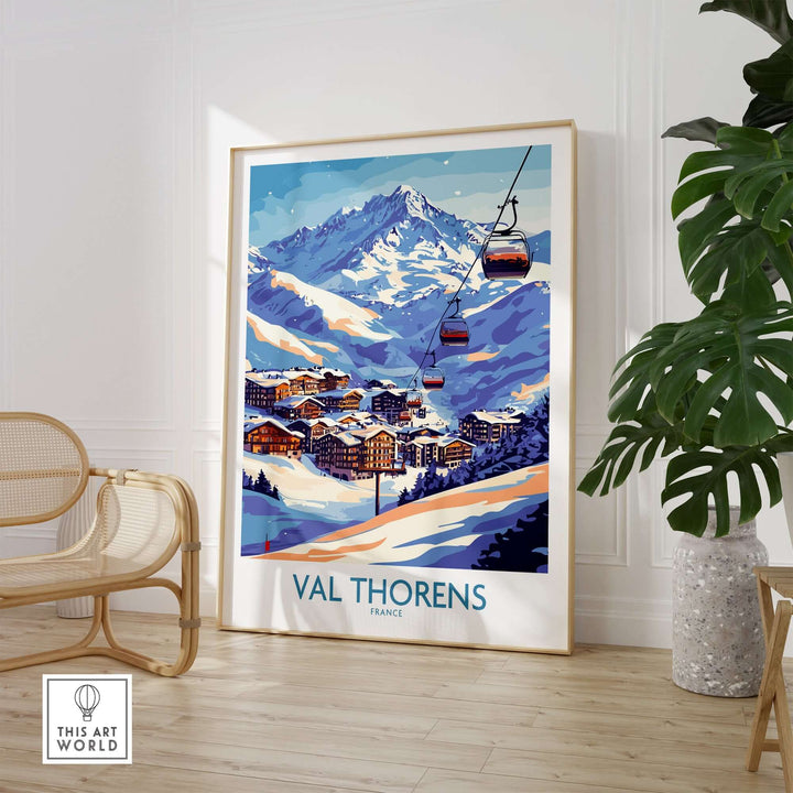 Val Thorens winter sports print featuring slopes and gondolas in a scenic mountain backdrop.