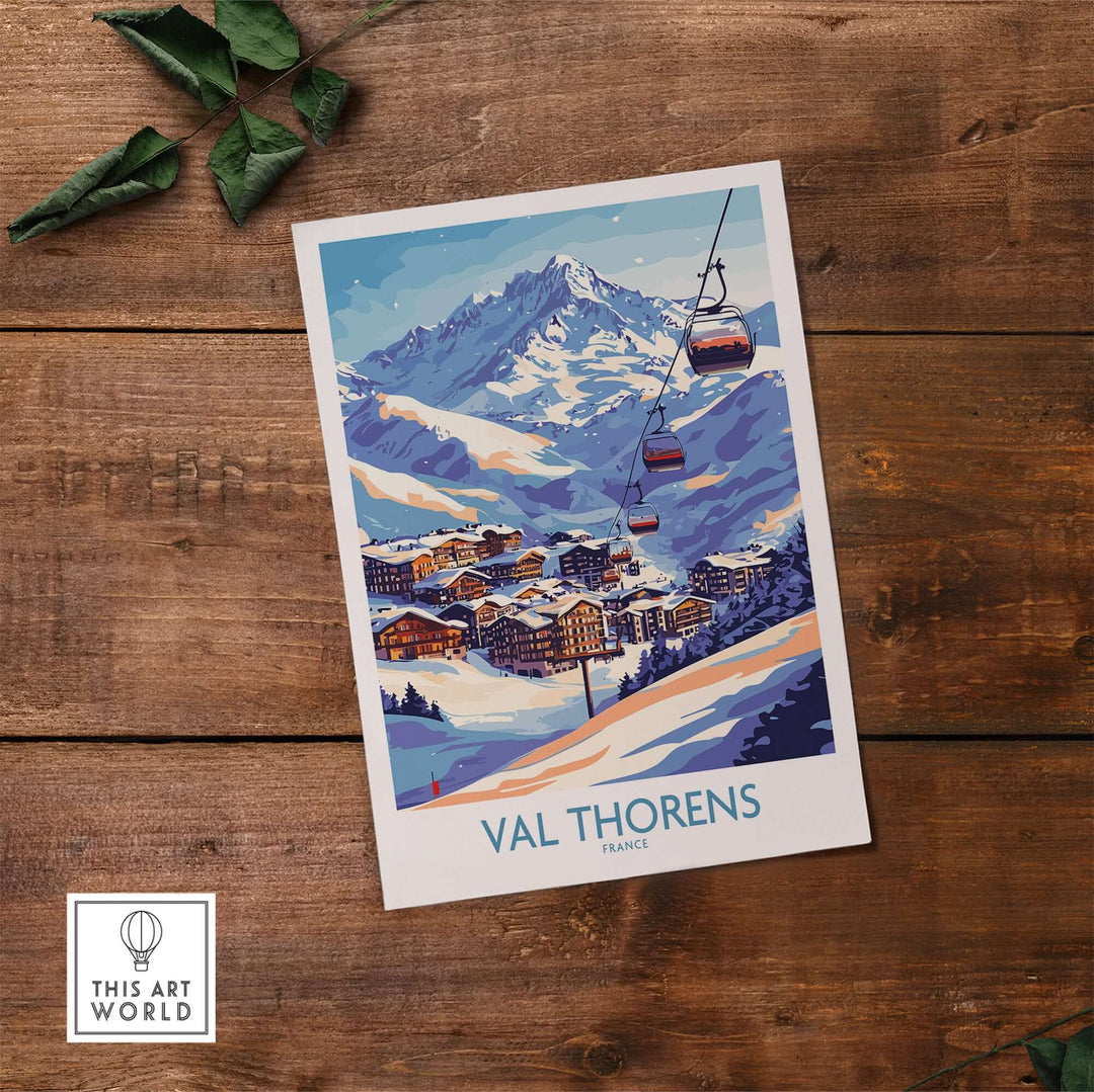 Val Thorens winter sports print featuring a ski lift and mountains, capturing the scenic beauty of the French Alps.