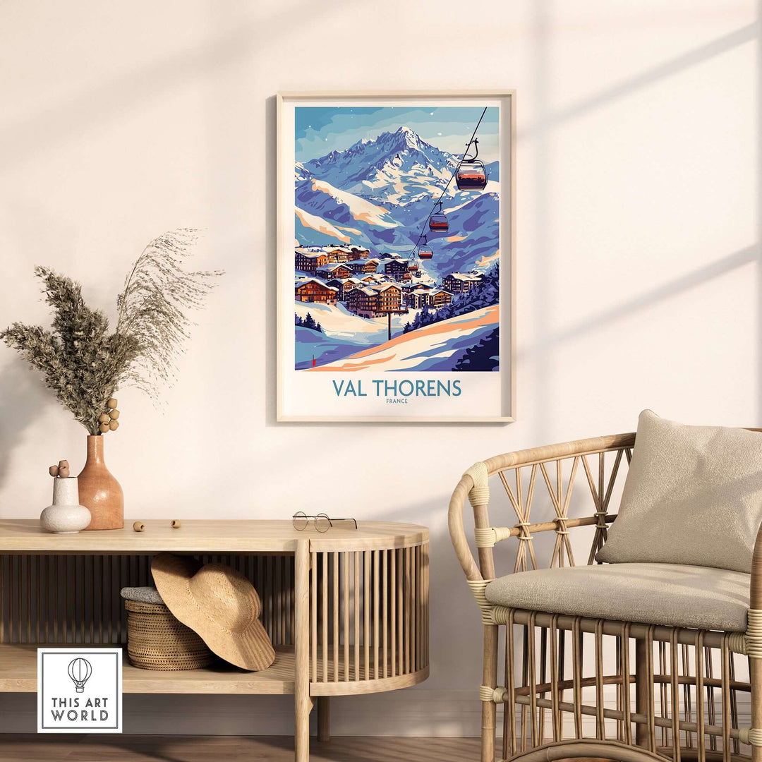 Val Thorens winter sports print featuring ski slopes and mountains, framed wall art in a cozy living room setting.