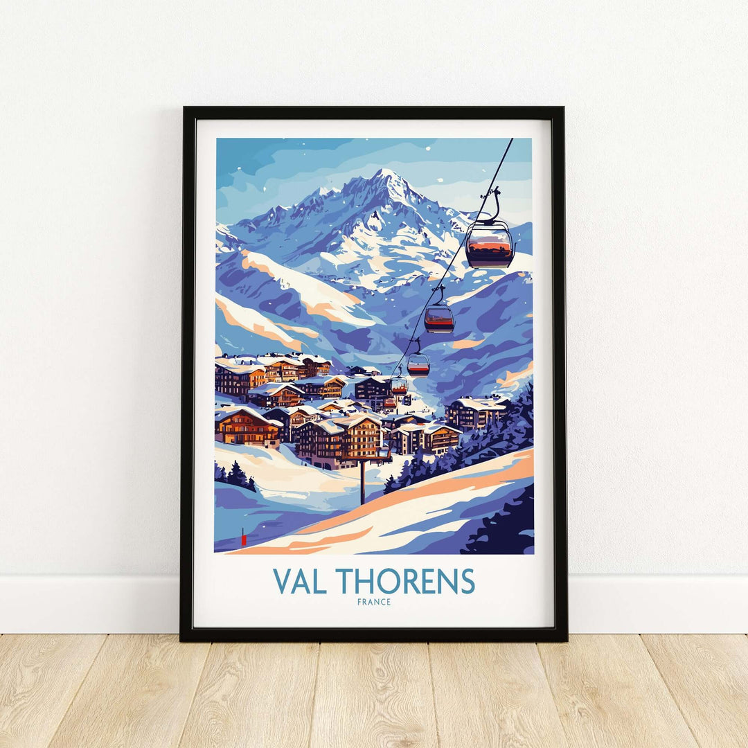 Val Thorens winter sports print featuring the ski resort view with cable cars and mountains.