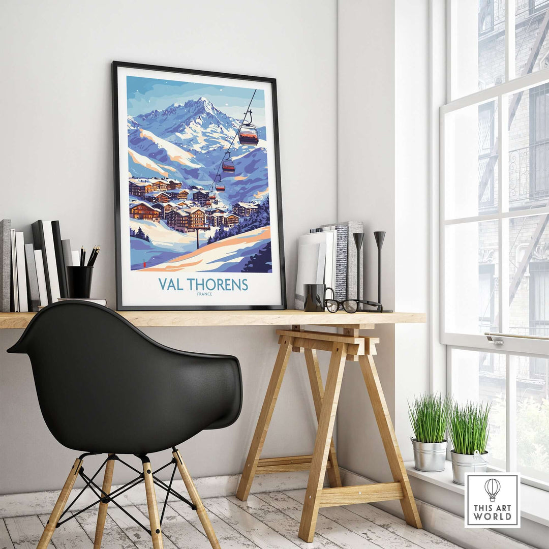 Val Thorens winter sports print showcasing ski lift and mountain view, ideal for ski enthusiasts' wall art.