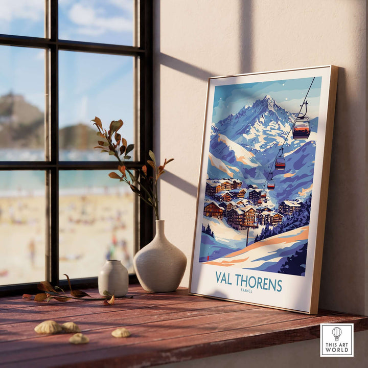 Val Thorens winter sports print featuring a ski resort view and gondola, ideal wall art for ski and snowboard enthusiasts.