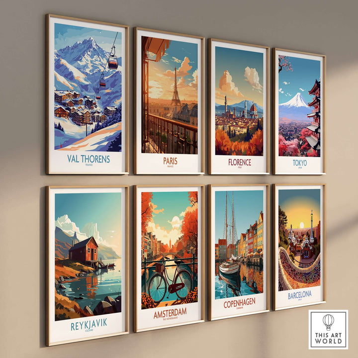 Gallery of travel poster prints featuring Val Thorens, Paris, Florence, Tokyo, Amsterdam, Copenhagen, Reykjavik, and Barcelona.