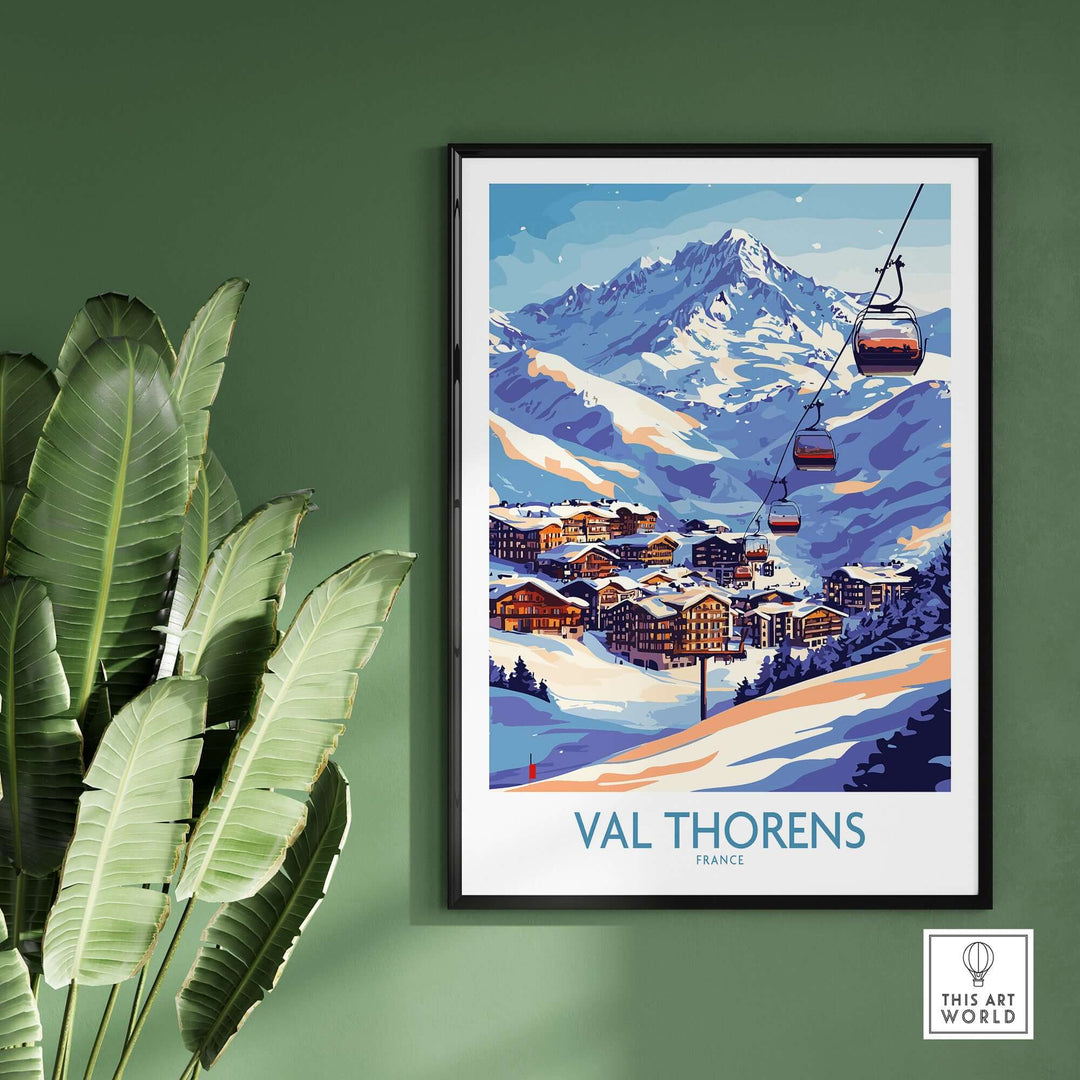 Val Thorens winter sports print showcasing snow-covered mountains and ski lifts, perfect for ski enthusiasts.