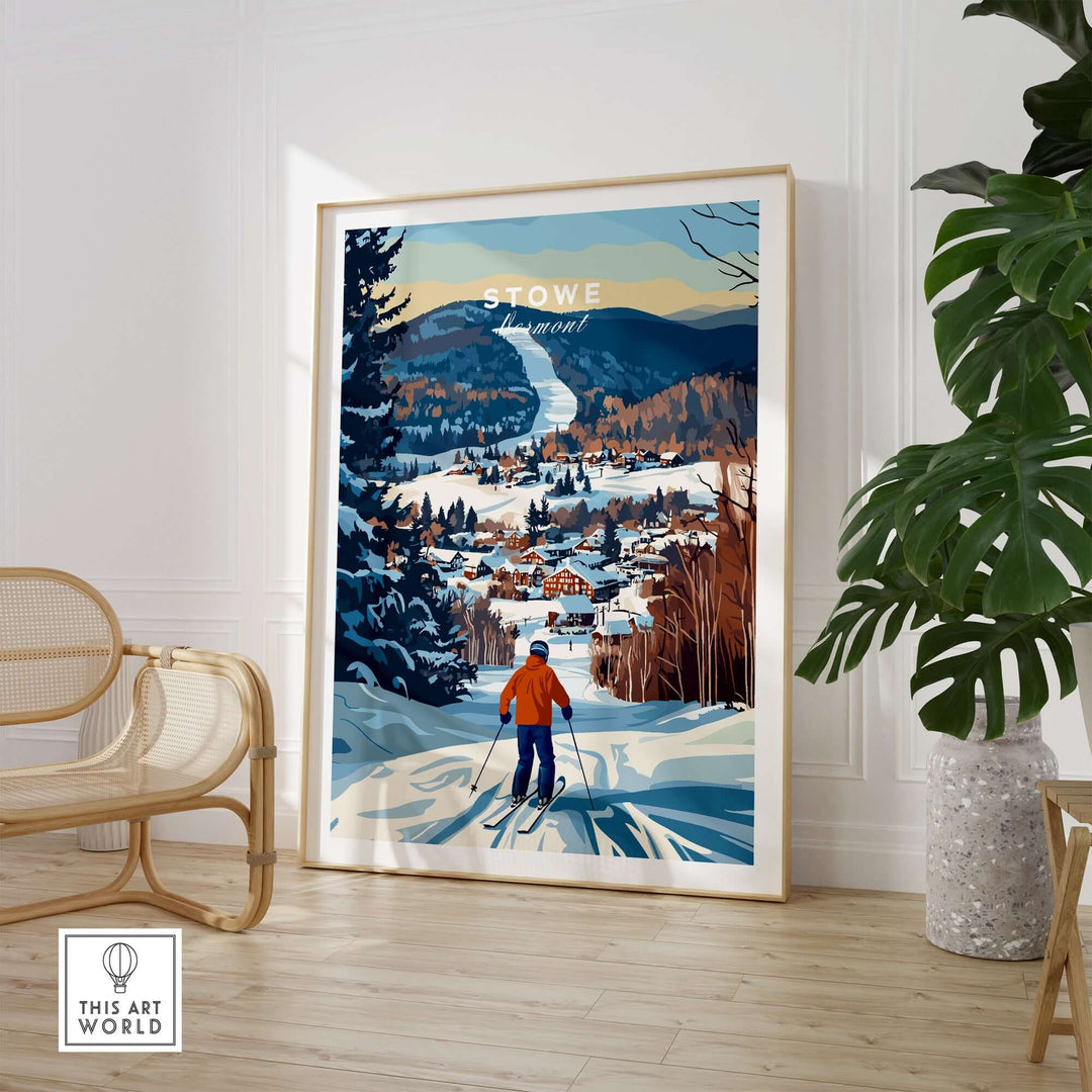 Stowe Mountain landscape poster showcasing a skier gliding down snowy slopes with Vermont village in the background.
