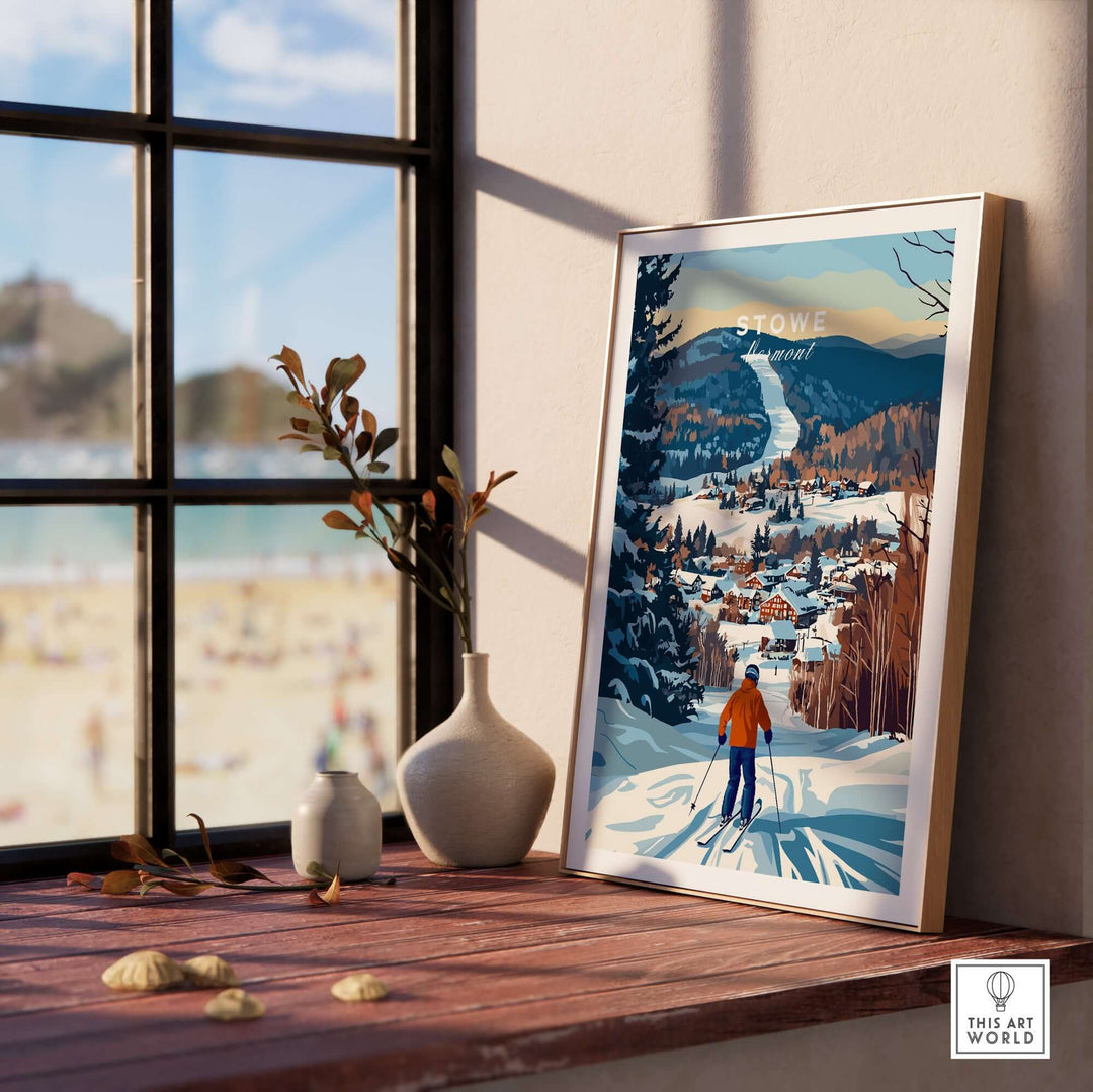 Stowe Mountain landscape art print showcasing a skier in a snowy Vermont scene, perfect for ski enthusiasts.