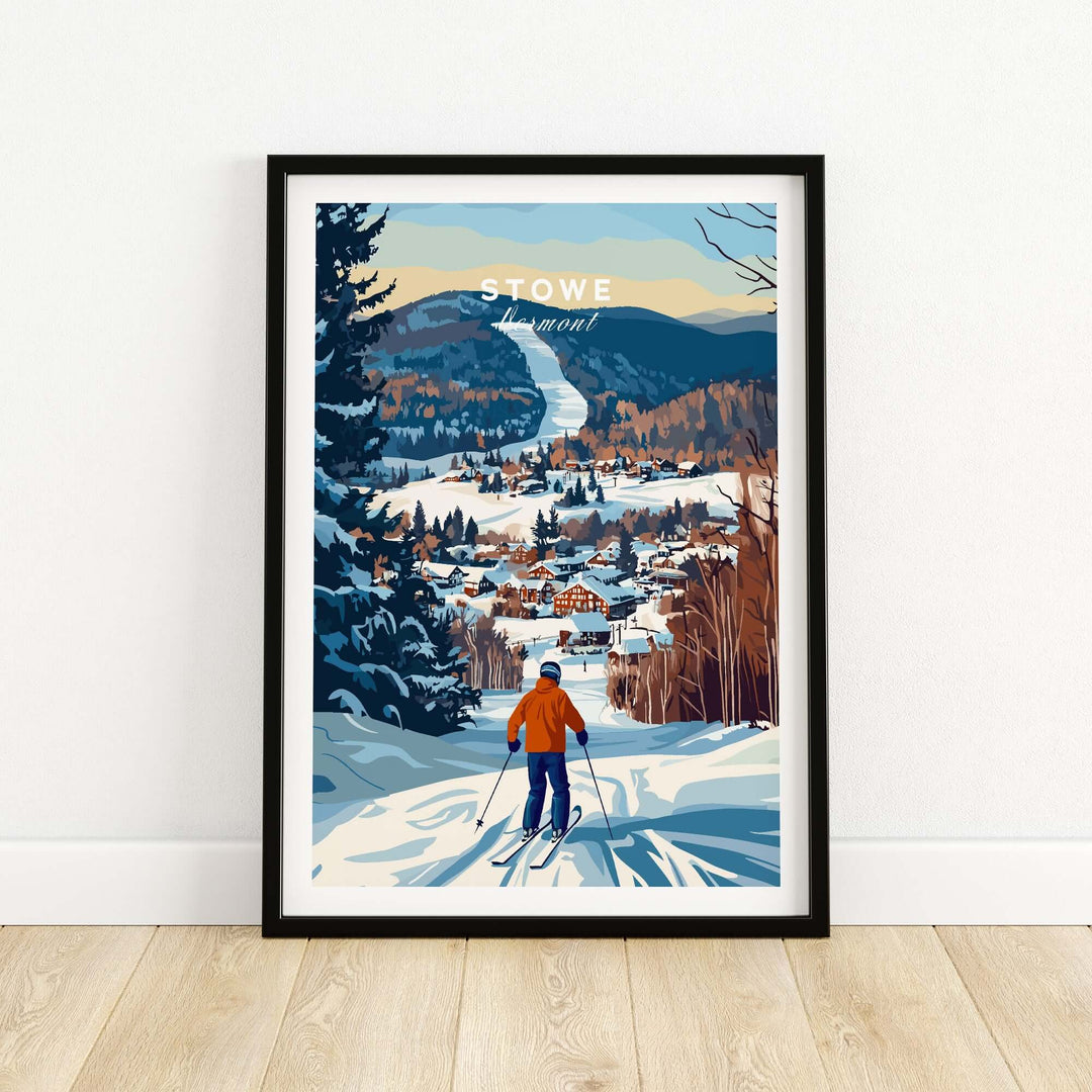 Stowe Mountain landscape art print showcasing a skier in a snowy Vermont village.