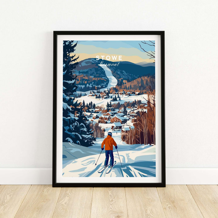 Stowe Mountain landscape art print showcasing a skier in a snowy Vermont village.