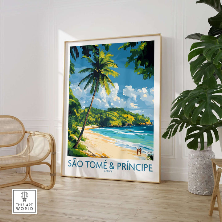 Vibrant São Tomé & Príncipe beach art print showcasing tropical scenery and crystal-clear waters in a stylish home setting.