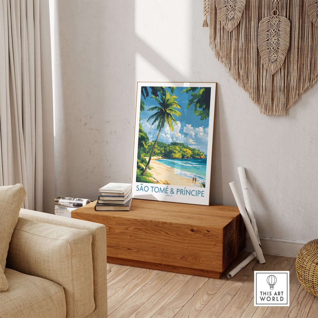Vibrant São Tomé & Príncipe beach art print displayed in a bright, stylish home interior.