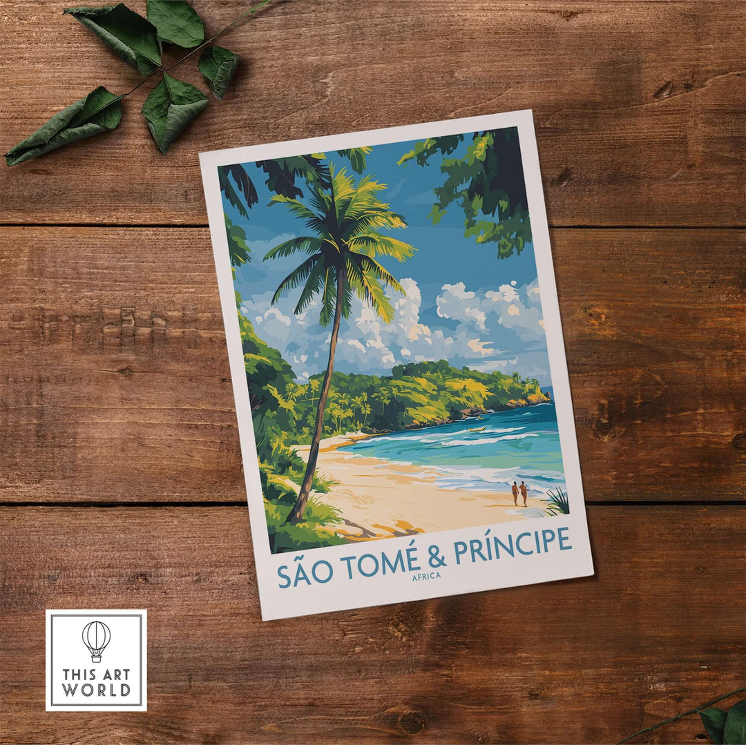 Vibrant São Tomé & Príncipe beach art print showcasing palm trees and crystal-clear waters on rustic wood background.