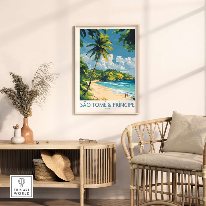 Vibrant São Tomé & Príncipe beach art print framed in a stylish interior decor setting.