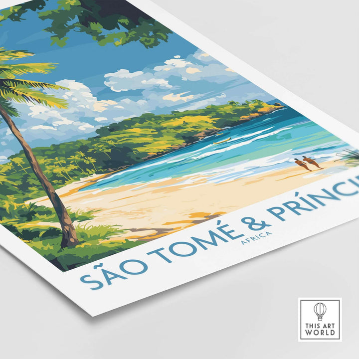 Vibrant art print of São Tomé & Príncipe beach featuring palm trees and crystal-clear waters.